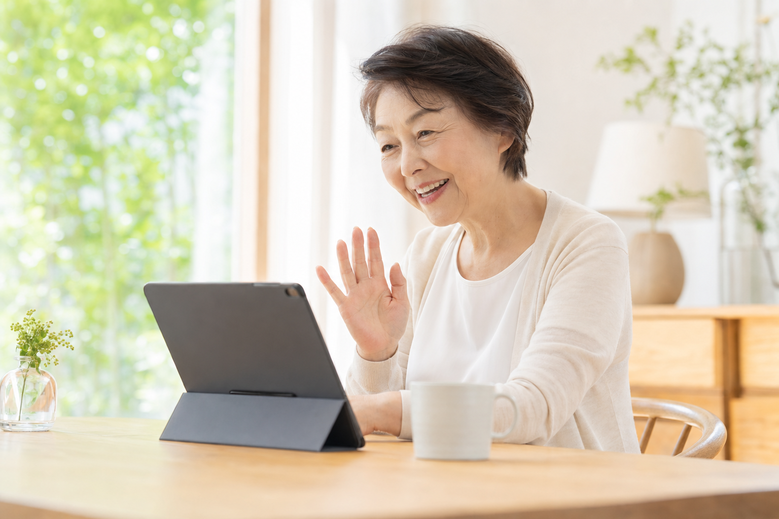 ケアタブレットを使って家族とつながる高齢女性のイメージ