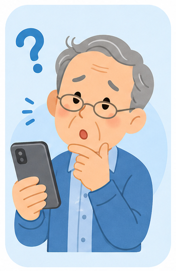 スマホ操作に困っている高齢者のイラスト