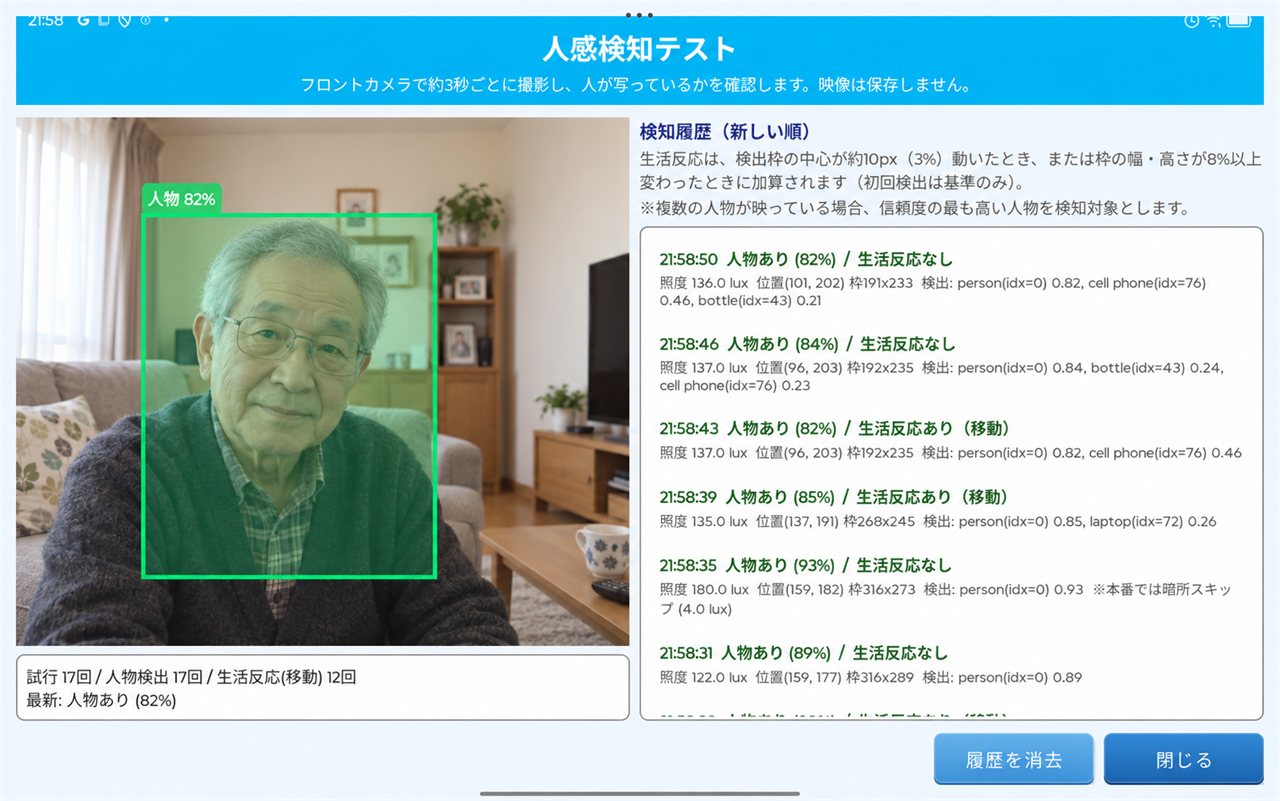 人感検知テスト画面。人物を枠で検知し、生活反応の履歴を表示